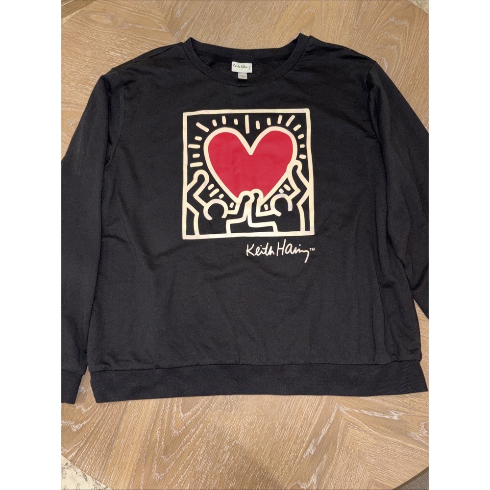 Keith Haring Sweatshirt Womens XL Black Heart Graphic Fleece Pullover Crew Neck